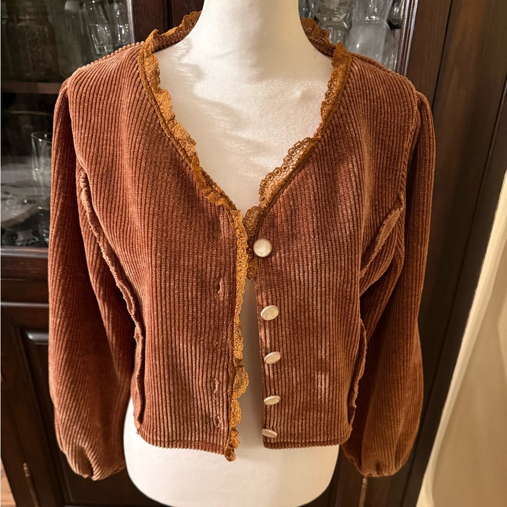 Pol Light Brown Corduroy Ballon Sleeve Crop Jacket With Gold Threading Size S View 2